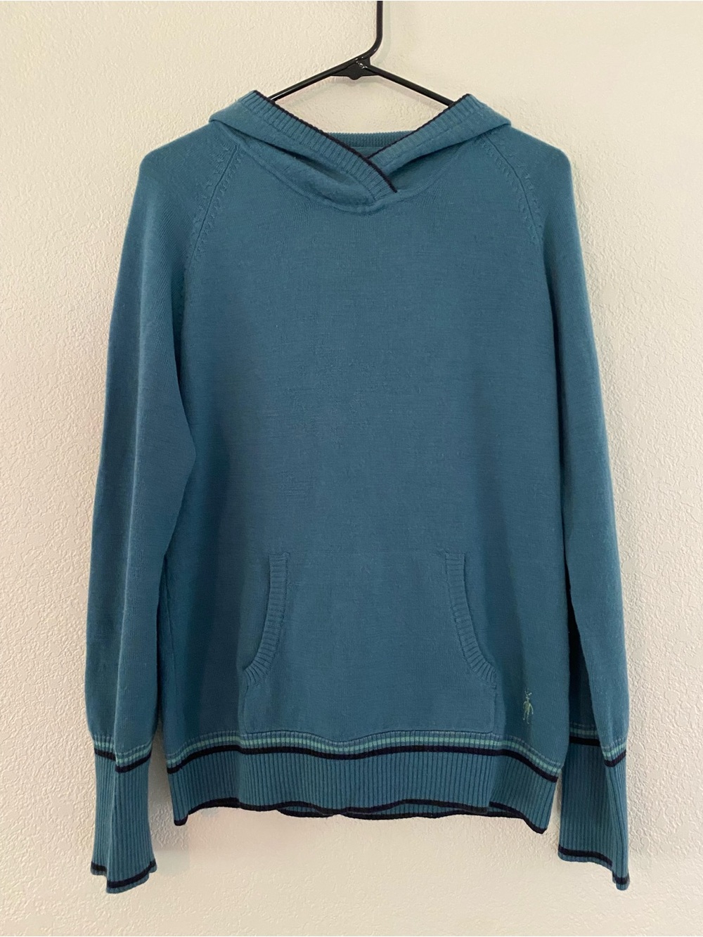 Smartwool Merino Wool Knit Hoodie Sweater Teal Blue Striped Women's Large FLAWED